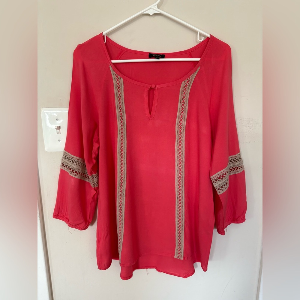 Cupio Coral Blouse with Lace Accents